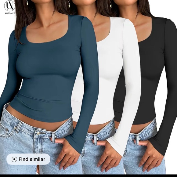 Automet Tops - Long Sleeve Scoop Neck Slim-Fit Top - Teal, White, Black 3 pack